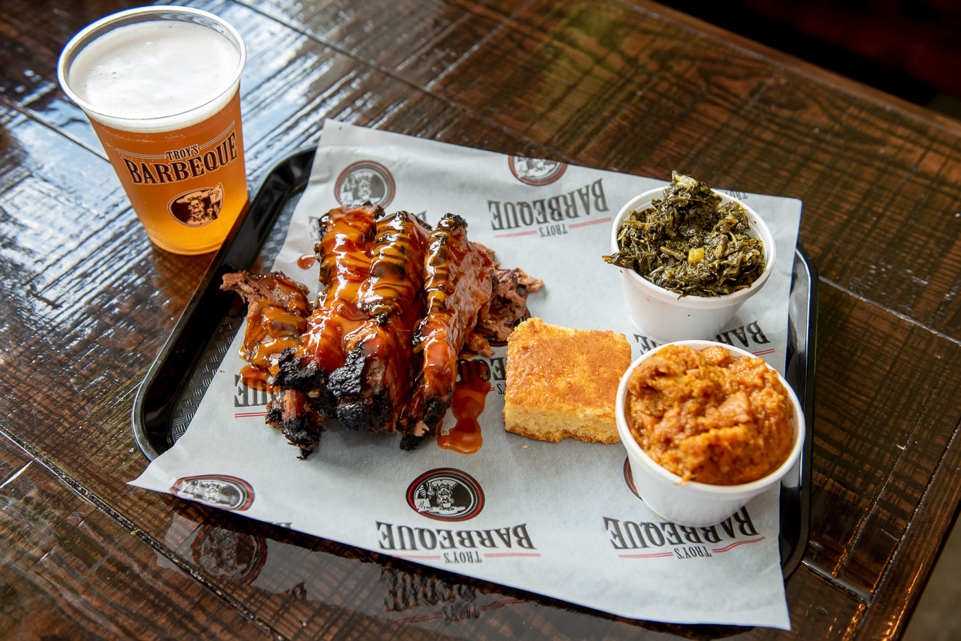 Brisket with two sides and a beer at Troy's BBQ in Boca Raton