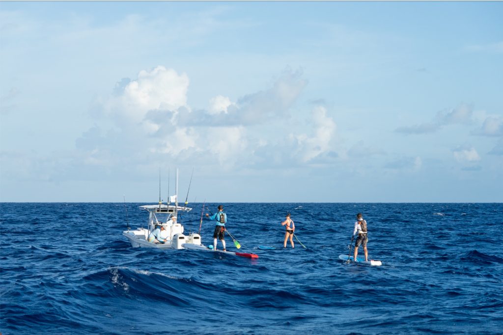 Paddleboarders in open ocean