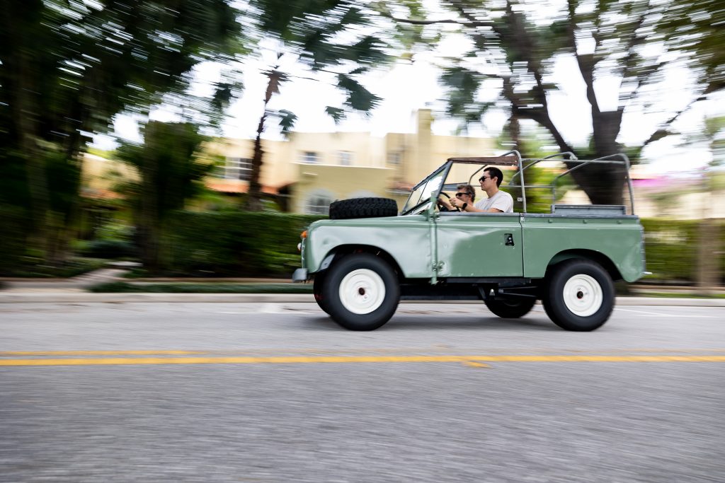 LandE Electric Land Rovers driving through West Palm