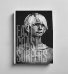 Cover of Darin Back's book "East Coast Surfers." The cover features young surfer, Shane Konrad