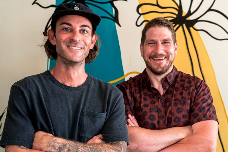Drew Thompson, owner of Soul Rebel, and Chris Morgan, Michelin-Star chef. Setting is Soul Rebel in Jupiter, Florida.