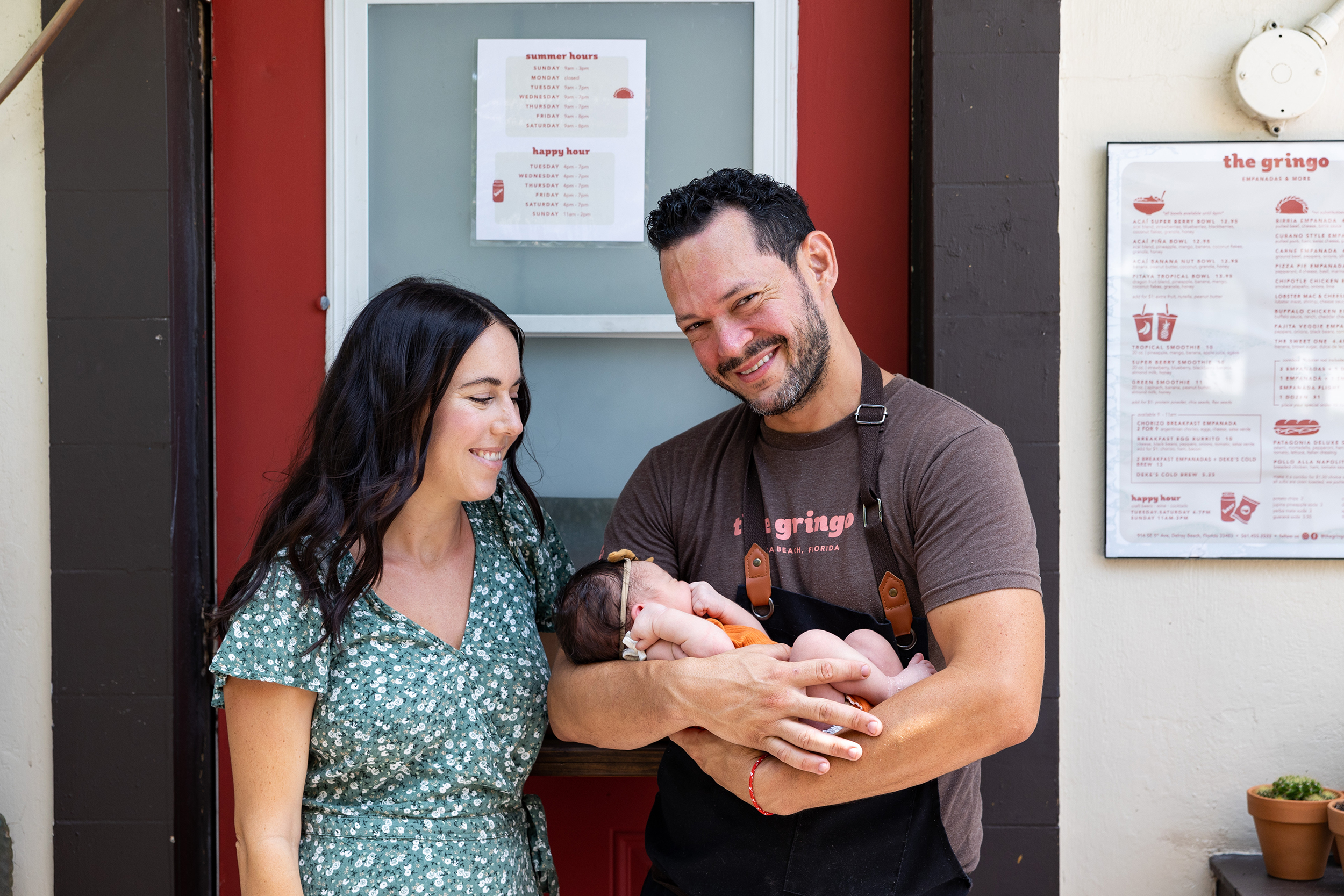 Owner and chef of The Gringo in Delray Beach with wife, Kimberly, and newborn baby. 