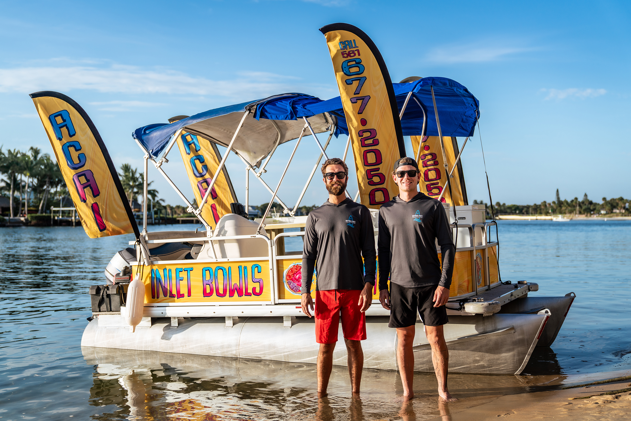Inlet Bowls Co-owners Matthias Fretz and Ethan Jaudas. Serving acai bowls on the water.