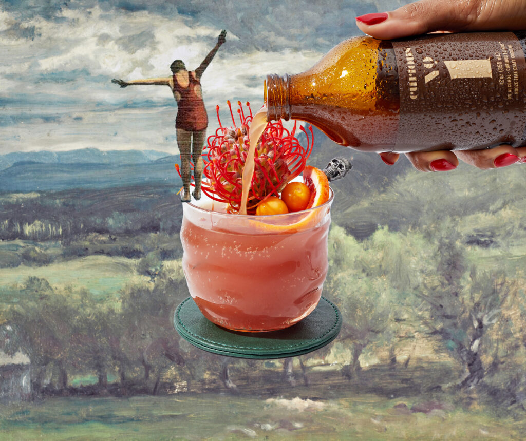 A hand pouring Curious number 1 into a short glass with exotic fruit as a garnish. A photo of a woman blanacing on the edge of the rim has been edited into the picture. 