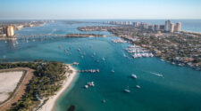 North-facing drone photo of Peanut Island. You can see Palm Beach Island and West Palm Beach.