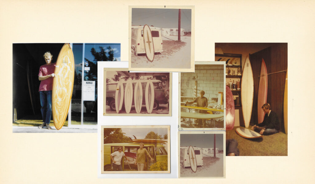 Collage of vintage Nomad Surf Shop photos from the late 1900s. They picture Ron Heavyside in different settings with boards he shaped throughout the years. 