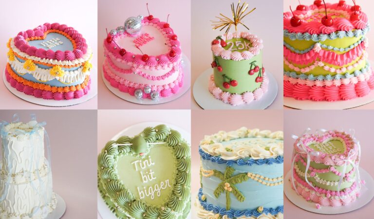 A photo collage of Kayla Young's vintage inspired mini cakes.